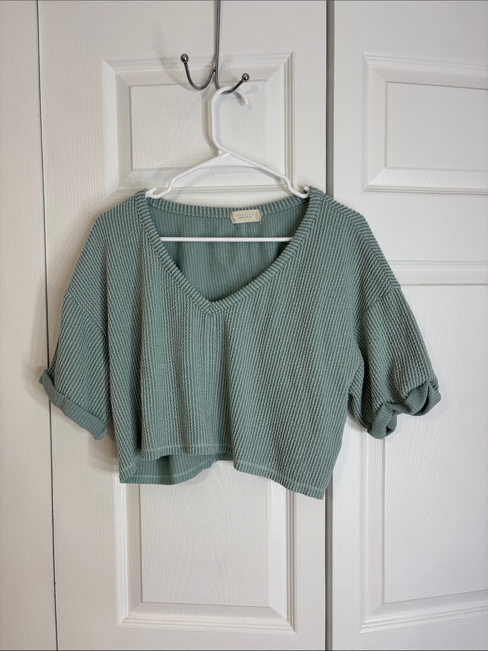 Altar'd State Cropped V-Neck Top in Sage